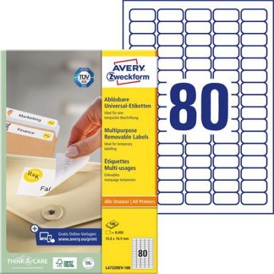Etikett, univerzális, eltávolítható, 35,6x16,9 mm, AVERY ZWECKFORM, 8000 etikett/csomag